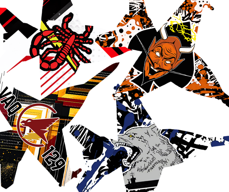 Collage of various US Naval aviation logos and mascots, including a scorpion, gray wolf, garuda, and orange devil