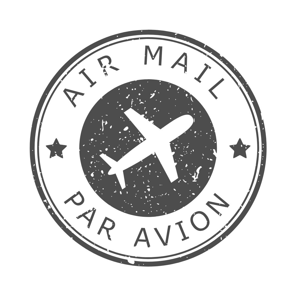 A vintage-style round aviation-themed badge depicting 'AIR MAIL' at the top and 'PAR AVION' at the bottom.