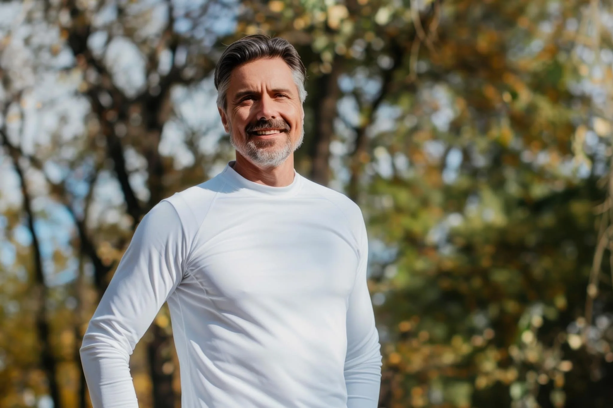 A middle-aged man with gray hair and beard smiling outdoors, wearing a white long-sleeve athletic shirt, standing in front of trees with autumn-colored leaves.