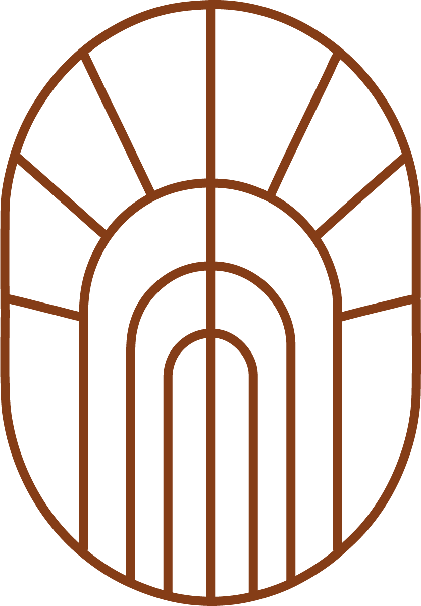 Stylized brown line drawing of an oval-shaped stained glass window featuring geometric and arch patterns.
