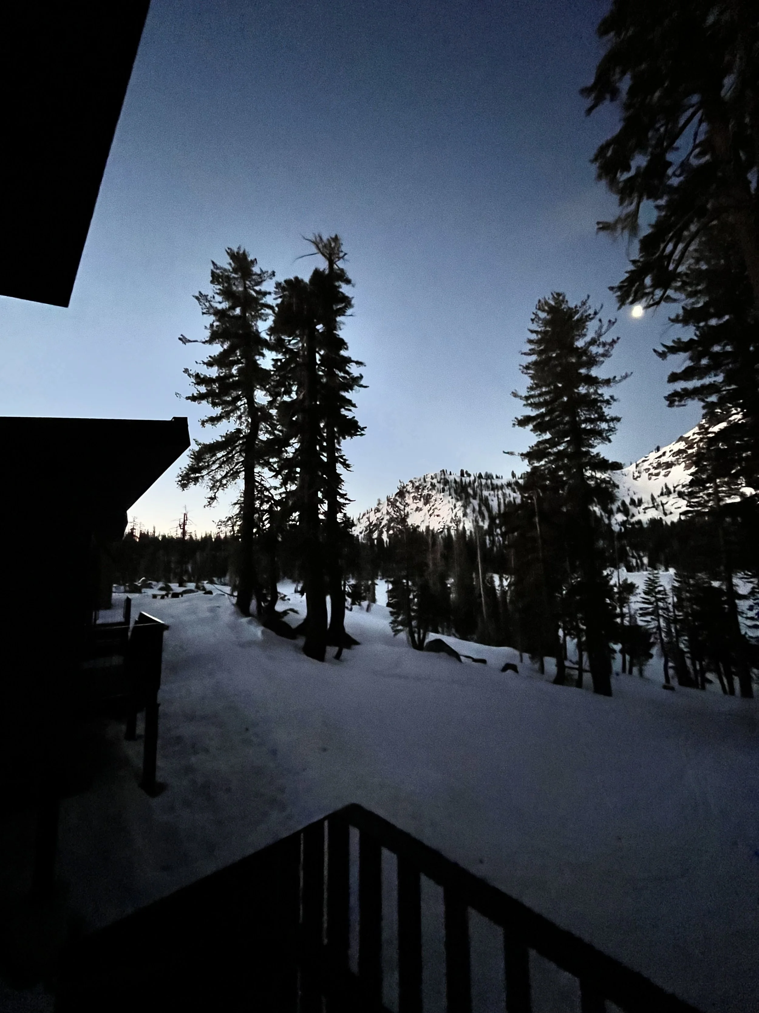 A snowy landscape scene at dusk with tall pine trees, snow-covered ground, and mountains in the background. Part of a house or cabin, with a visible railing, is in the foreground. The moon is visible in the sky.