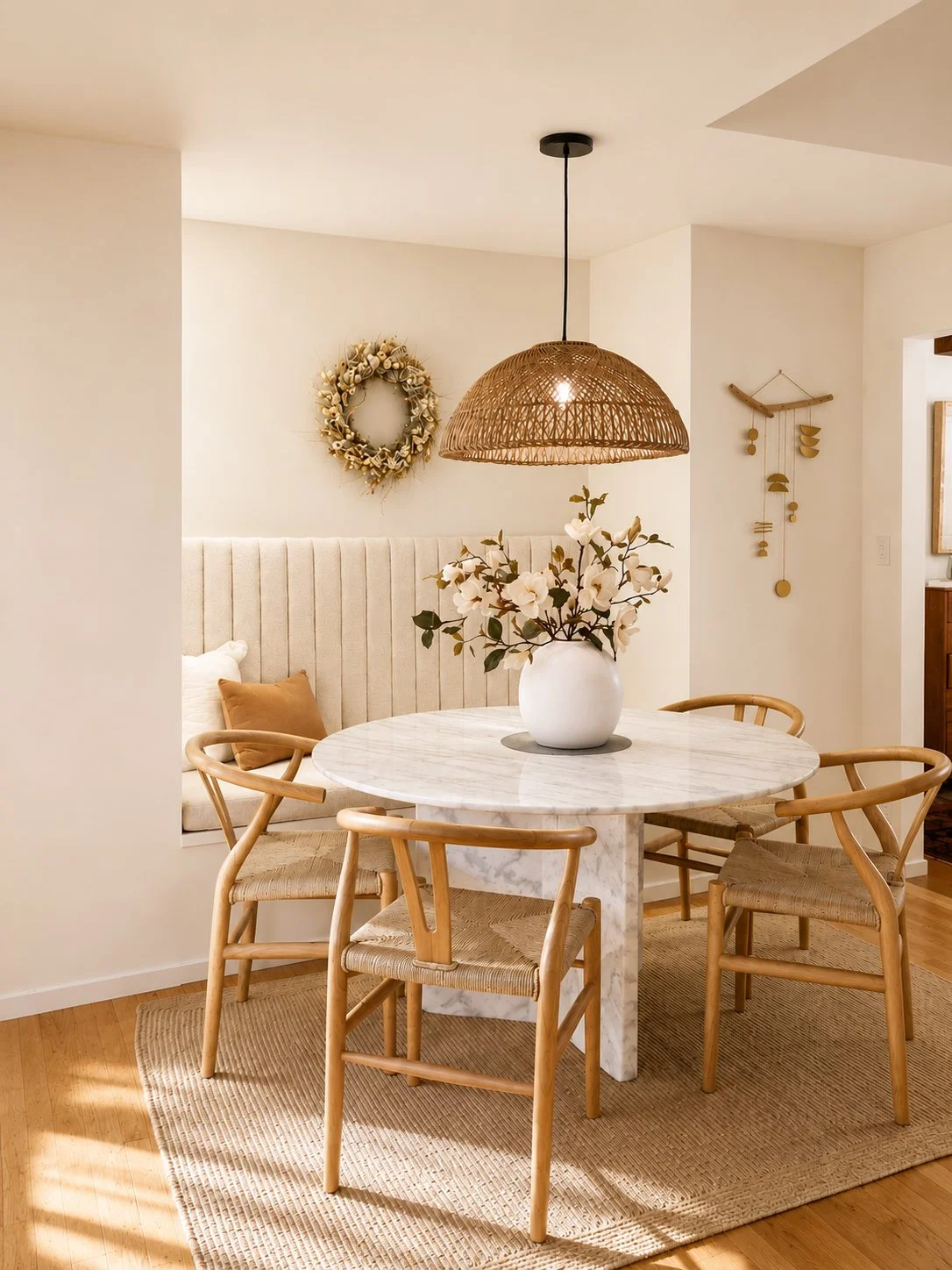 Warm and cozy dining room designed by Aster & Aire, featuring layered textures and inviting interior styling, showcasing approachable interior design in San Anselmo, Marin County.