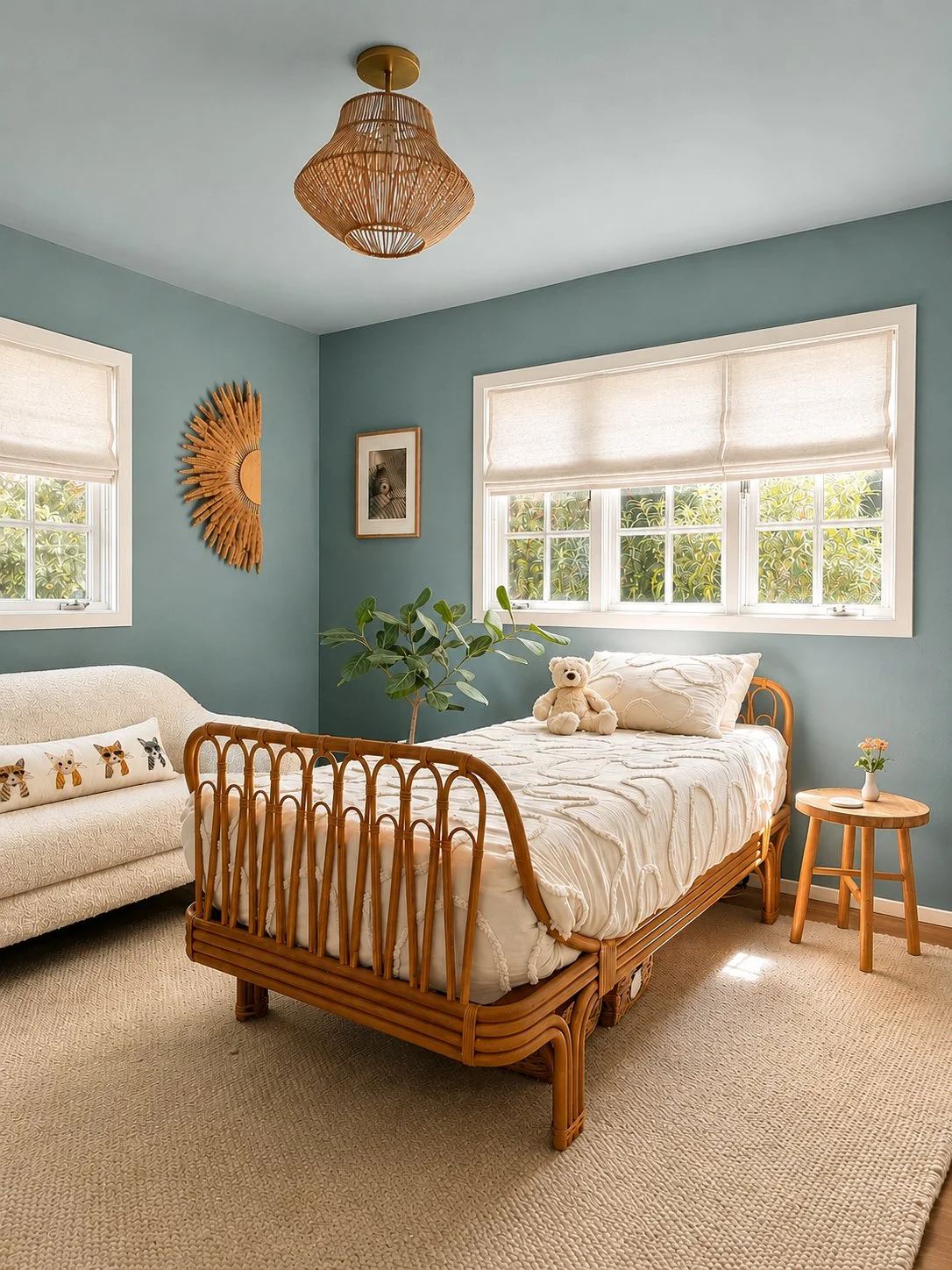 Preteen bedroom in San Anselmo featuring calming blue tones, natural rattan furniture and warm, thoughtfully styled details. Approachable and affordable interior design and personalized interior styling by Aster & Aire in Marin County, California.