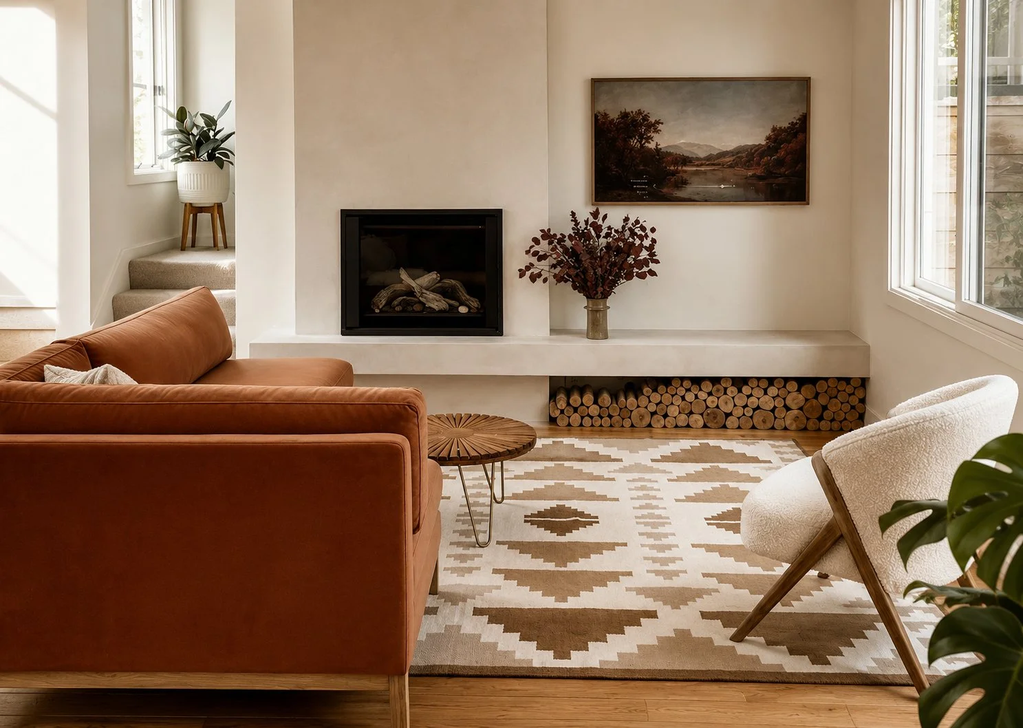 Warm and inviting living room by Aster & Aire featuring a rust sofa, modern fireplace, natural textures and layered interior styling, showcasing approachable and affordable interior design in San Anselmo, Marin County.