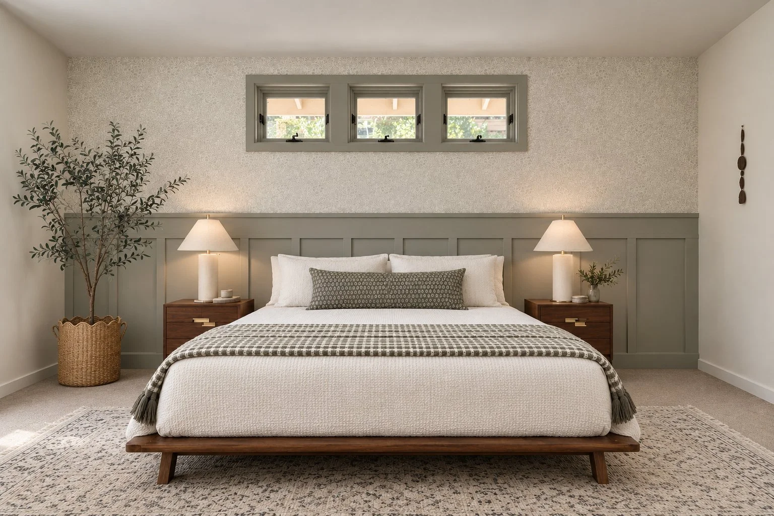 Serene symmetrical bedroom with warm mushroom colored paneled walls, layered neutral bedding, warm wood furniture, linen table lamps, delicate patterned wallpaper, and a large textured rug. San Anselmo, Marin County