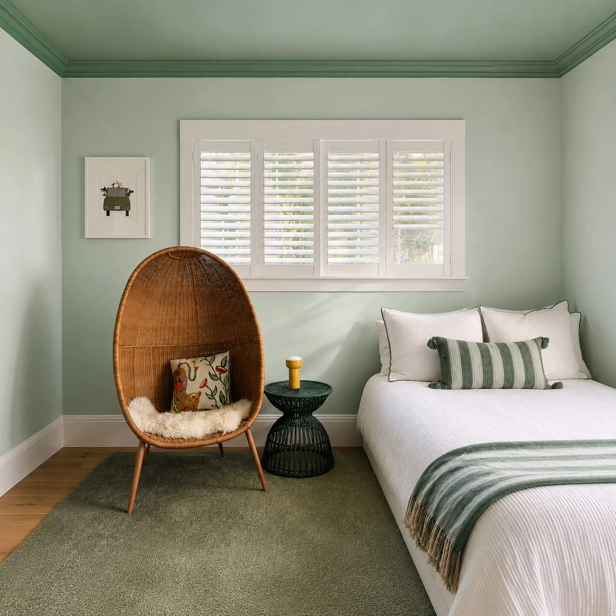 Bedroom in San Anselmo featuring calming green tones. Interior design by Aster & Aire in Marin County, California.