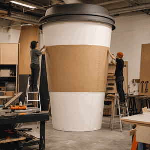 Two people standing on ladders working on a giant coffee cup prop in a workshop.