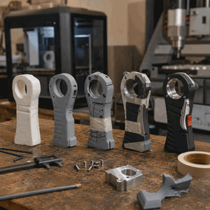 Five 3D printed heart-shaped objects in various shades of gray on a wooden workbench, with tools and small mechanical parts nearby, and a 3D printer in the background.