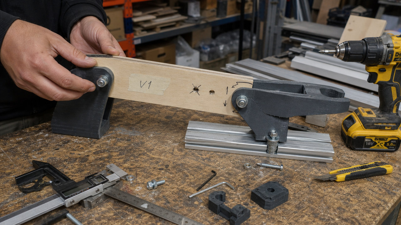 Pierwszy prototyp produktu wykonany z druku 3D, sklejki i aluminium