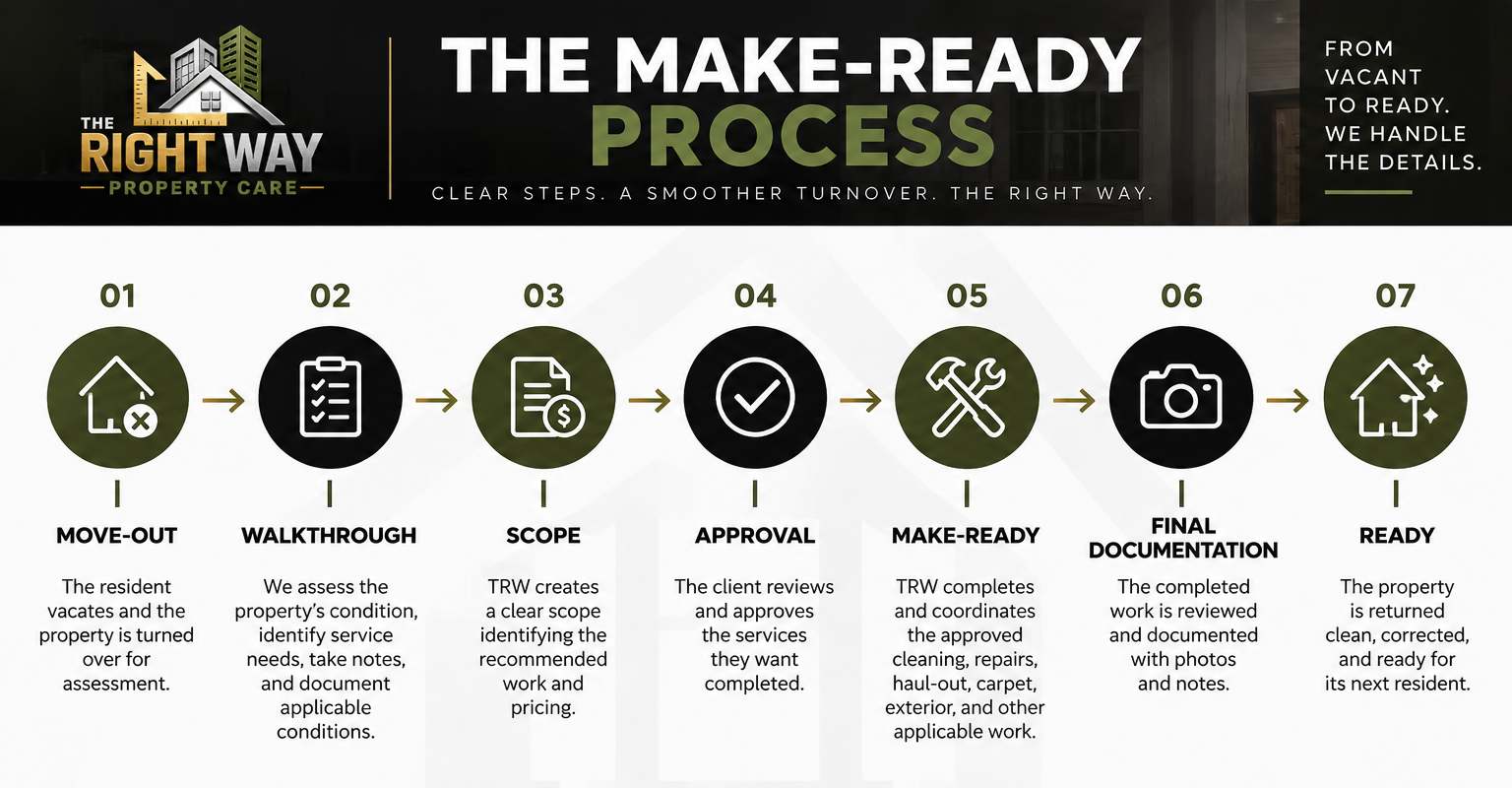 The RightWay Property Care Flowchart detailing the property care process from move-out to ready, including steps: move-out, walkthrough, scope, approval, make-ready, final documentation, and ready, with descriptions of each step.