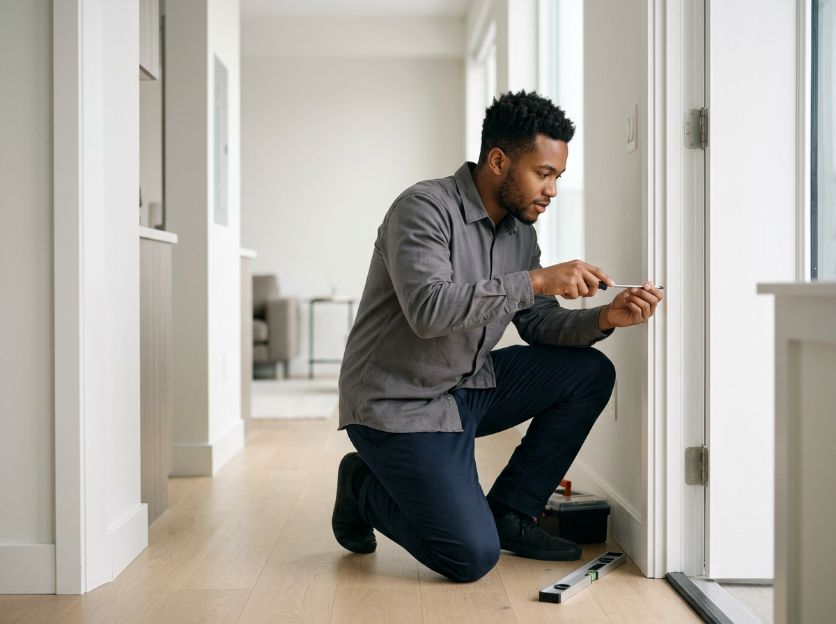 A man kneeling on the floor, installing or repairing a sliding glass door lock with a level placed nearby.