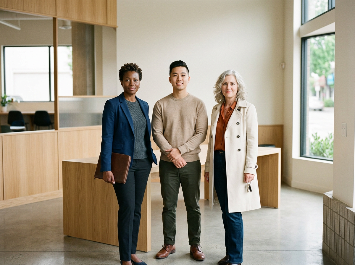 Three professionally dressed individuals standing inside an office with wooden furniture and large windows.