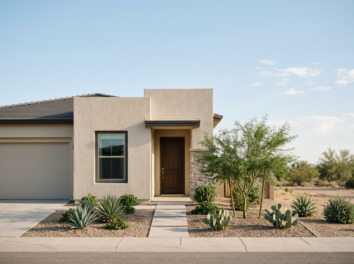 Front view of a modern house with a desert landscape, including a small tree and various cacti, with a sidewalk and a clear blue sky.