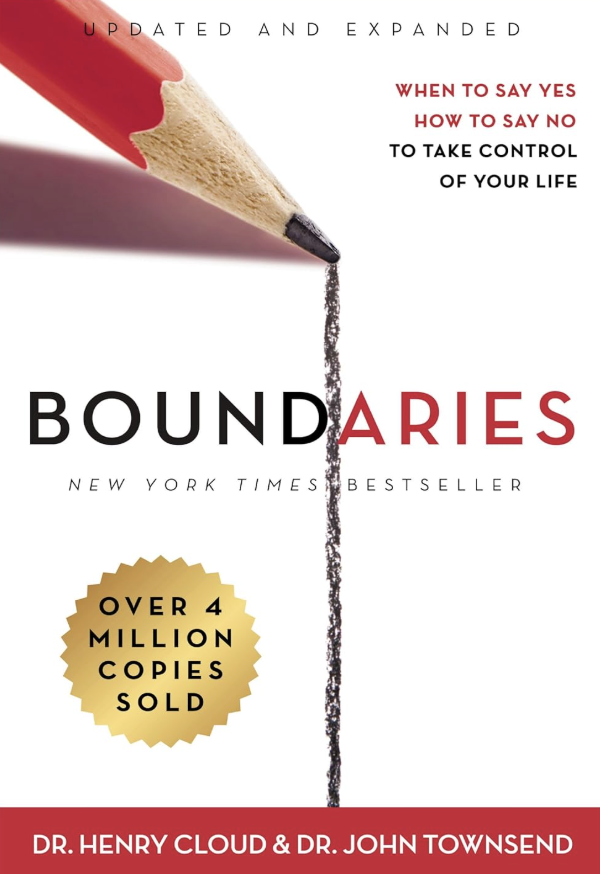 Book cover titled 'Boundaries' by Dr. Henry Cloud and Dr. John Townsend, featuring a red pencil with graphite drawing a line, with text about learning when to say yes or no to take control of your life, and a gold badge indicating over 4 million copies sold.