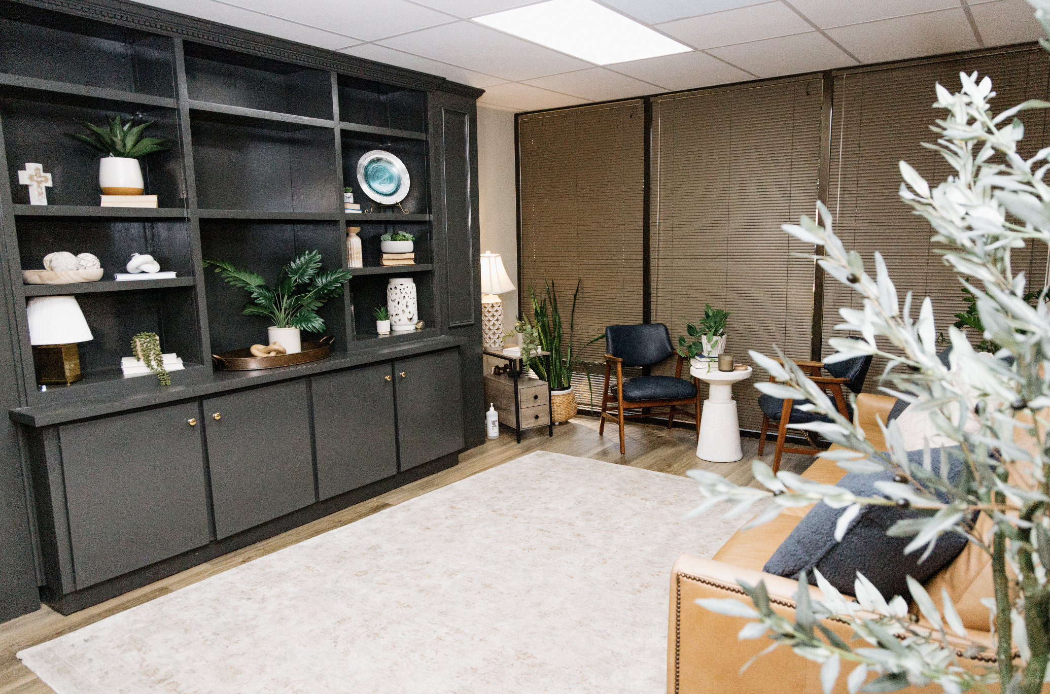 Cozy office space with a black bookshelf, green plants, a lounge chair, side table, and window blinds.