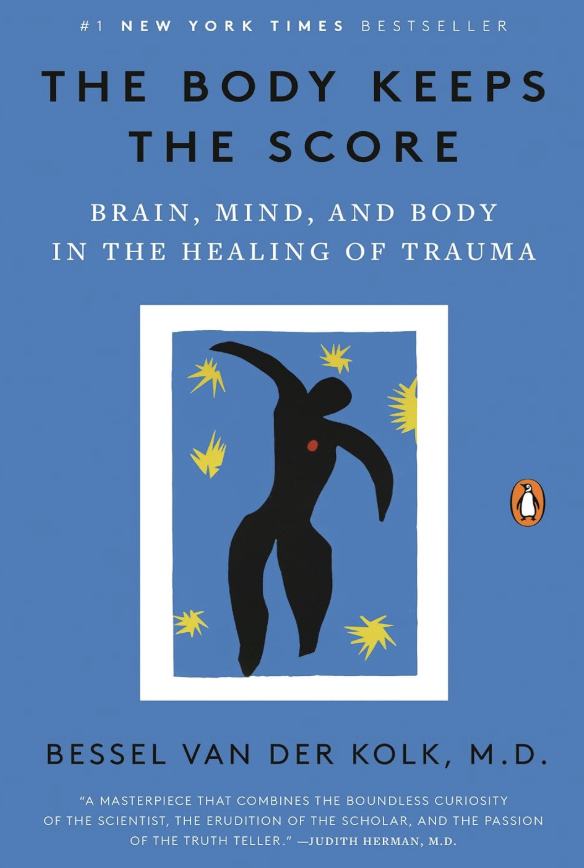 Book cover of 'The Body Keeps the Score' by Bessel van der Kolk, M.D., with a blue background, an abstract black human figure in the center surrounded by yellow star-like shapes, and the Penguin logo on the right.