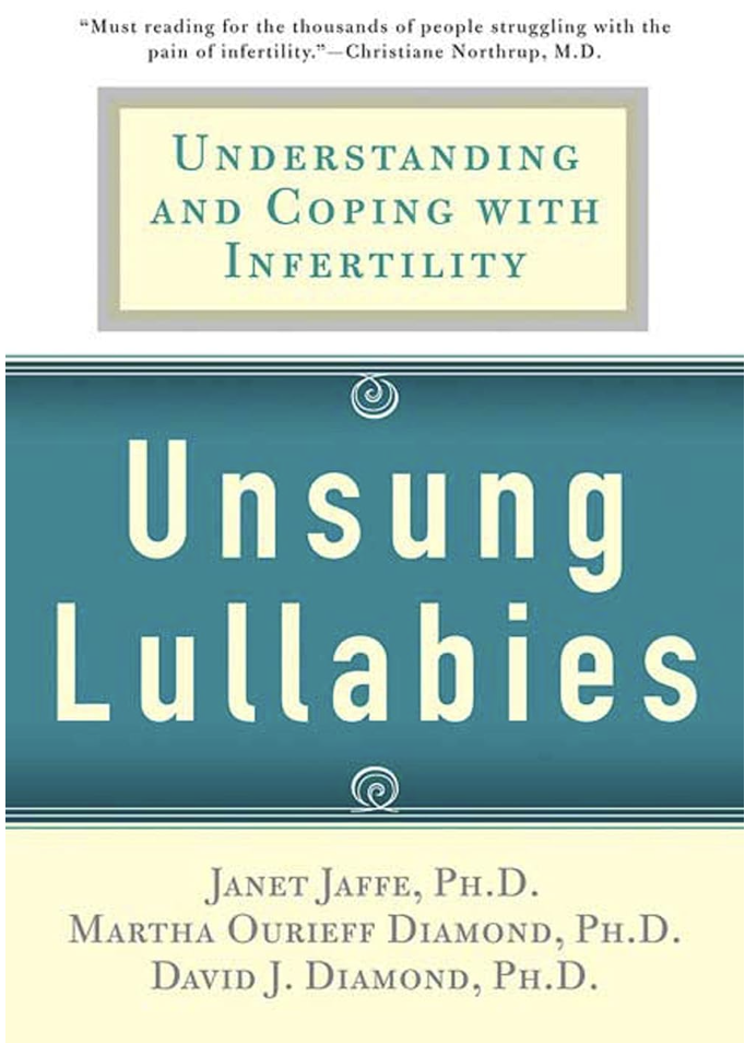 The cover of a book titled "Unsung Lullabies: Understanding and Coping with Infertility," authored by Janet Jaffe, Martha Ourieff Diamond, and David J. Diamond.
