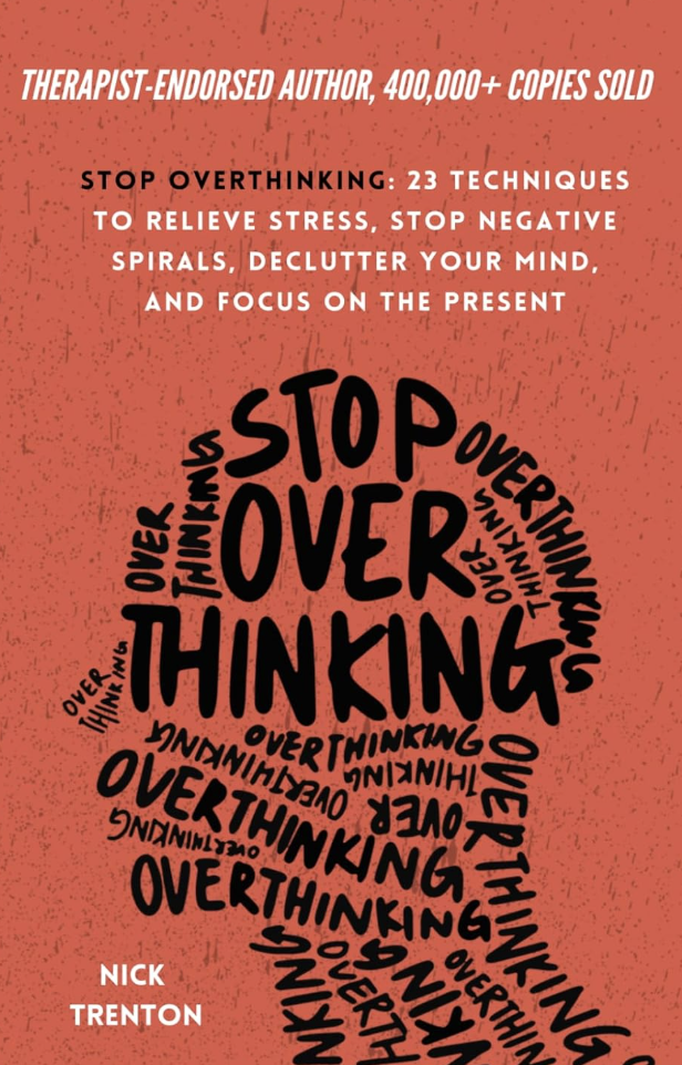 Book cover with red background featuring a black illustration of a snail composed of various phrases about overthinking, with the title 'Stop Overthinking' and a subtitle about stress relief techniques.