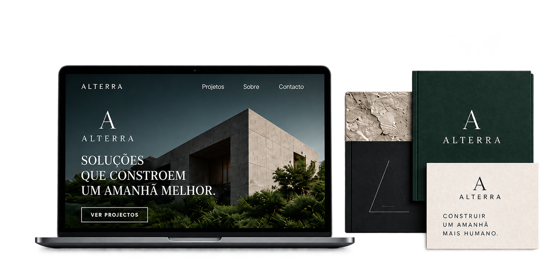 Aplicações da identidade visual da Alterra em website, cartões, packaging e materiais editoriais.