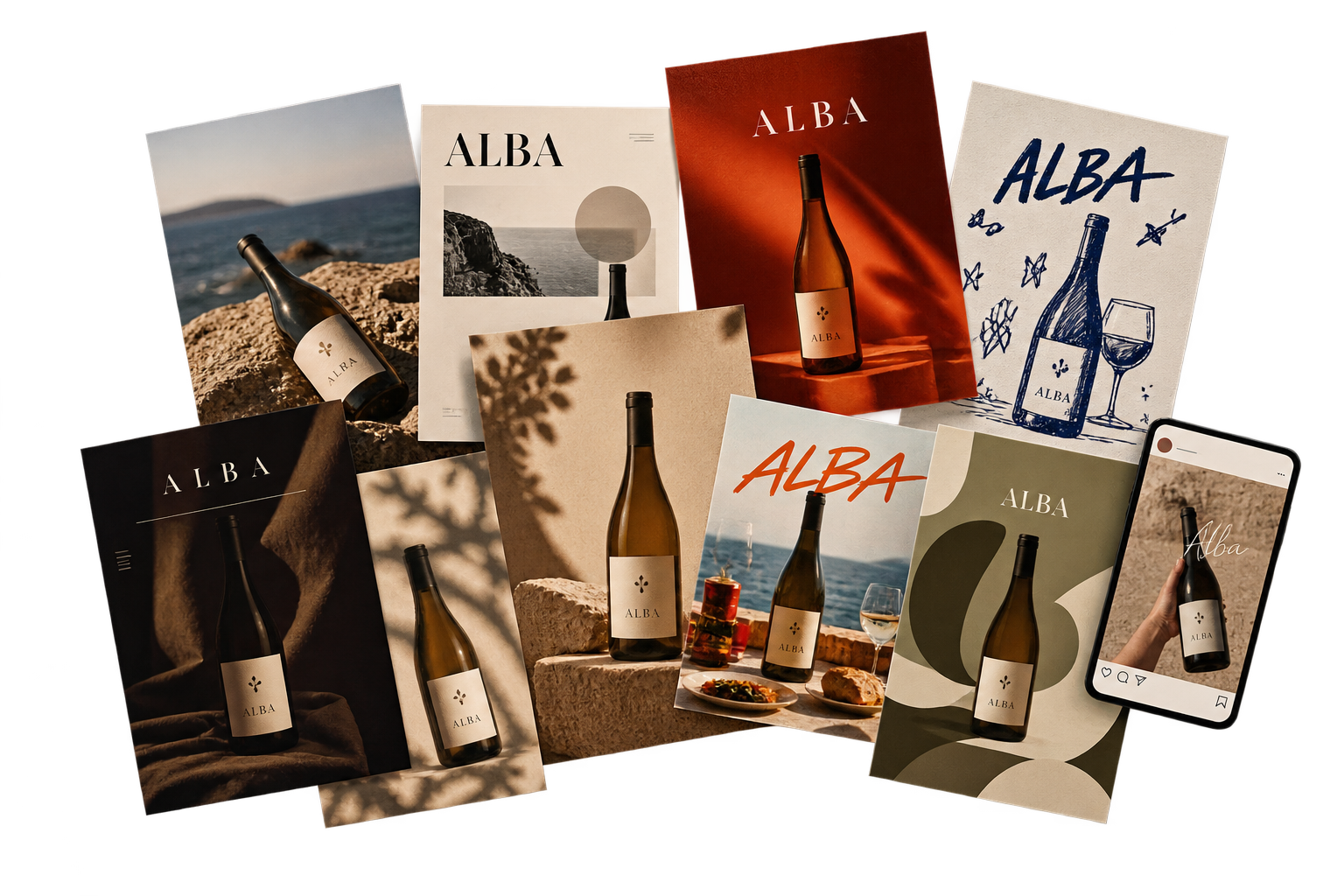 Identidade visual e campanha da marca de vinho ALBA aplicada a packaging, fotografia e materiais de comunicação.