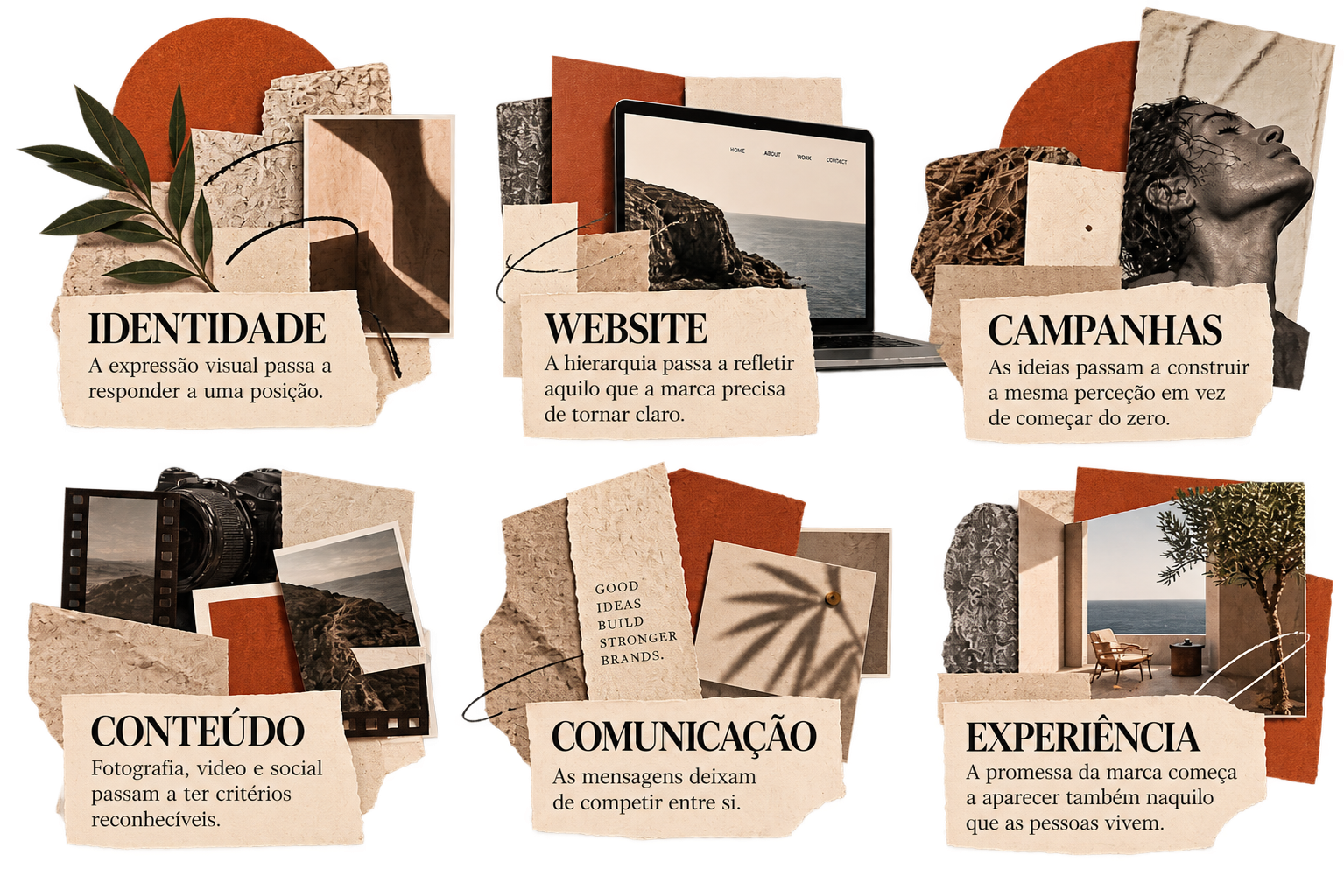 Áreas de atuação da Kriyā Projects: identidade de marca, websites, campanhas, conteúdo, comunicação e experiências.