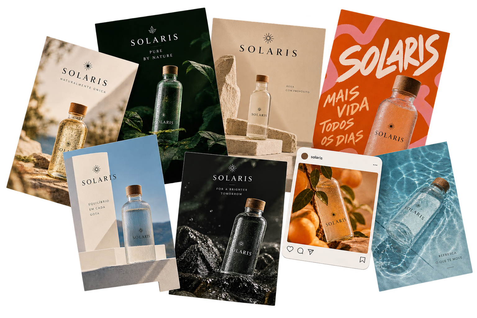 Campanha visual da marca Solaris aplicada a diferentes peças de comunicação e conteúdos de produto.