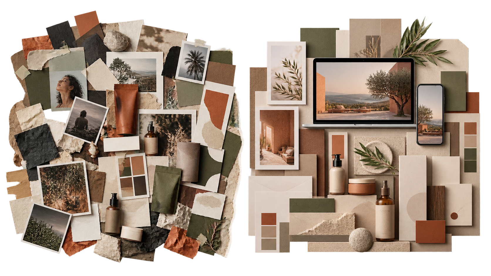 Moodboards de identidade visual utilizados na definição de direção criativa, linguagem de marca e sistema visual.