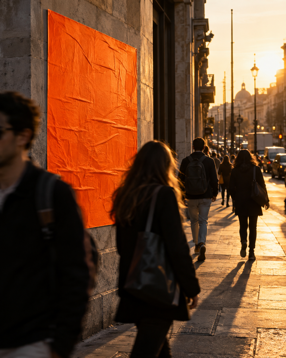 Cena urbana com intervenção visual laranja, referência editorial para campanhas criativas e comunicação de marca.