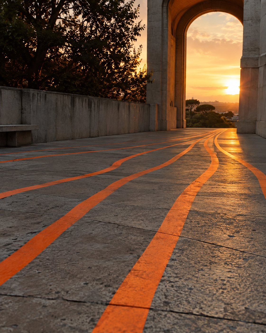 Linhas gráficas laranja conduzem através de um espaço arquitetónico ao pôr do sol, conceito visual de direção criativa.