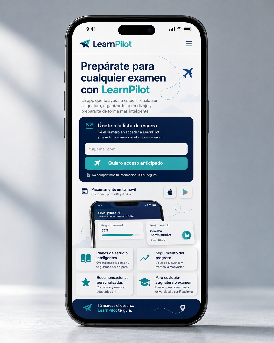Interface mobile da LearnPilot, projeto digital com experiência de utilizador e comunicação de produto.