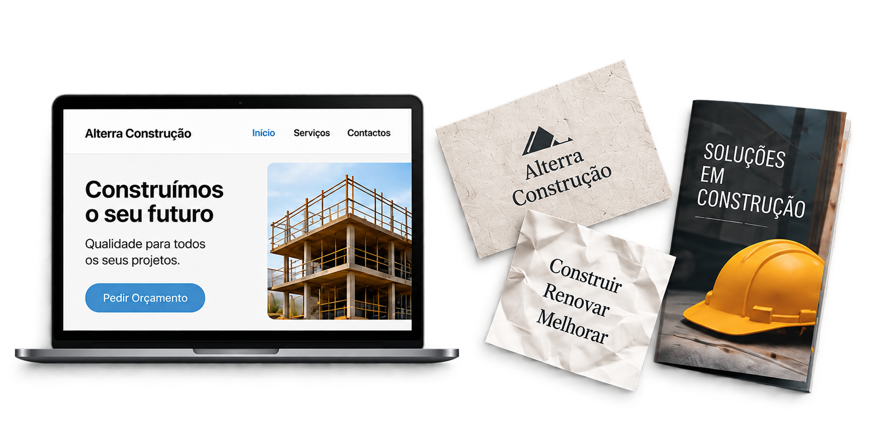 Identidade visual e website da Alterra Construção aplicados a materiais de marca para o setor da construção.