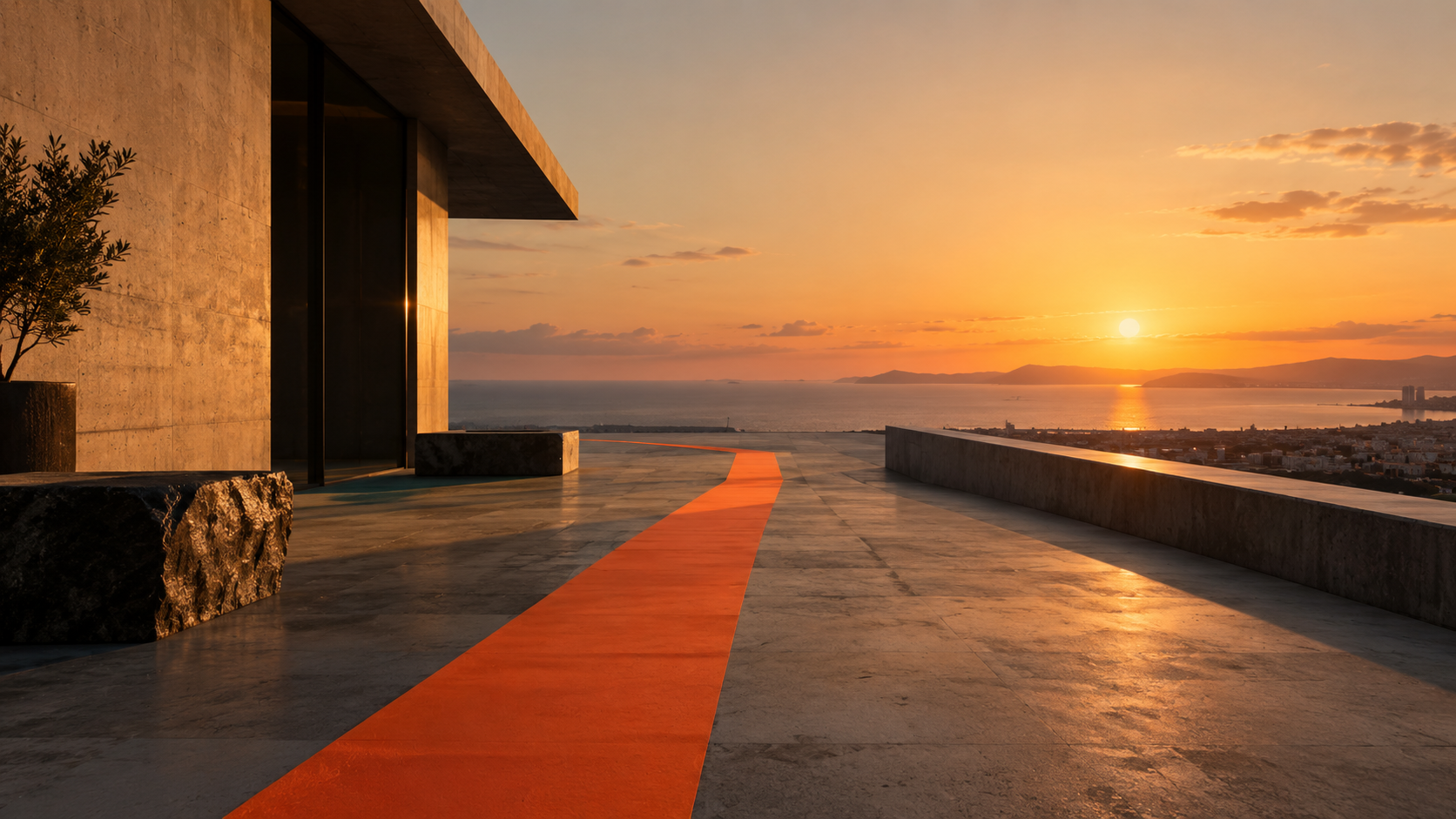 Percurso visual laranja integrado na arquitetura, representando direção criativa e construção de experiências de marca.