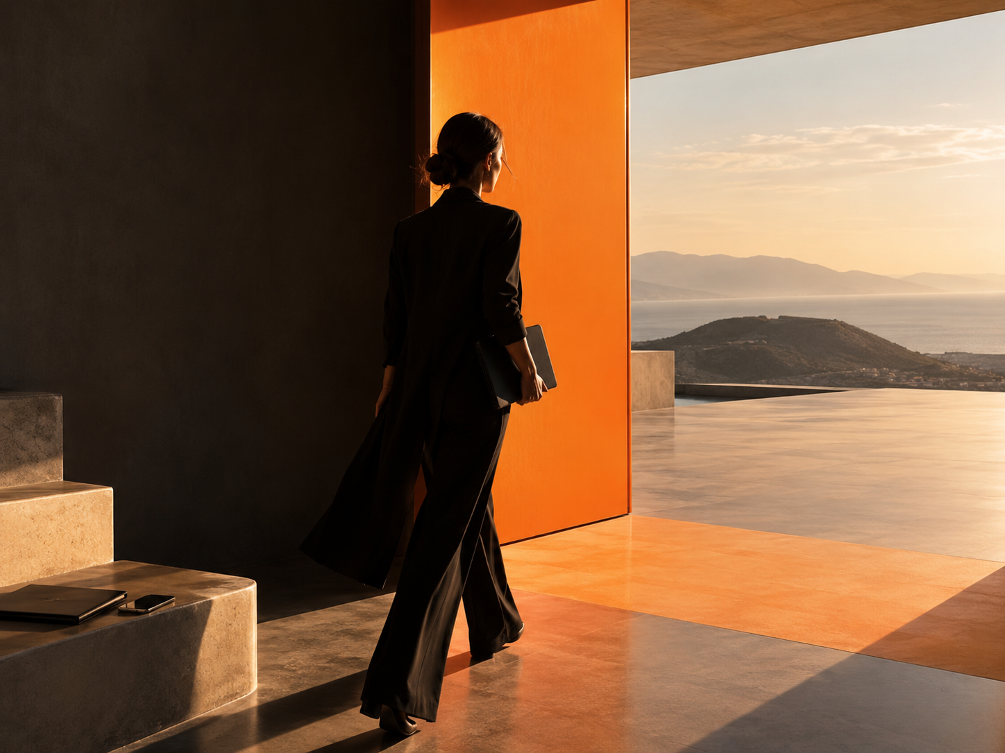 Pessoa com pasta junto a um portal laranja com vista para o mar, imagem editorial da direção criativa da Kriyā Projects.