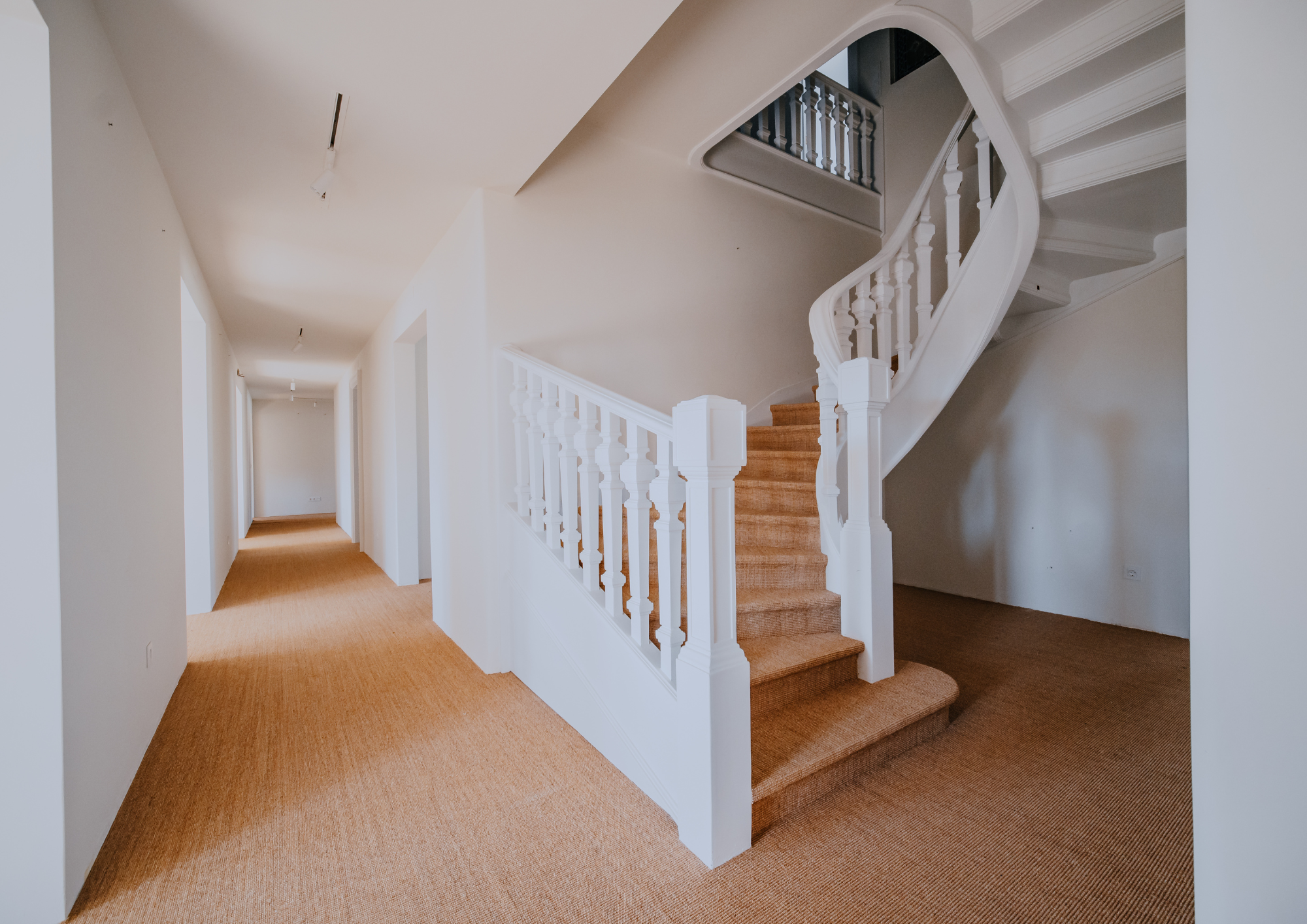 Wide perspective reveals the staircase structure and the depth of the circulation space.