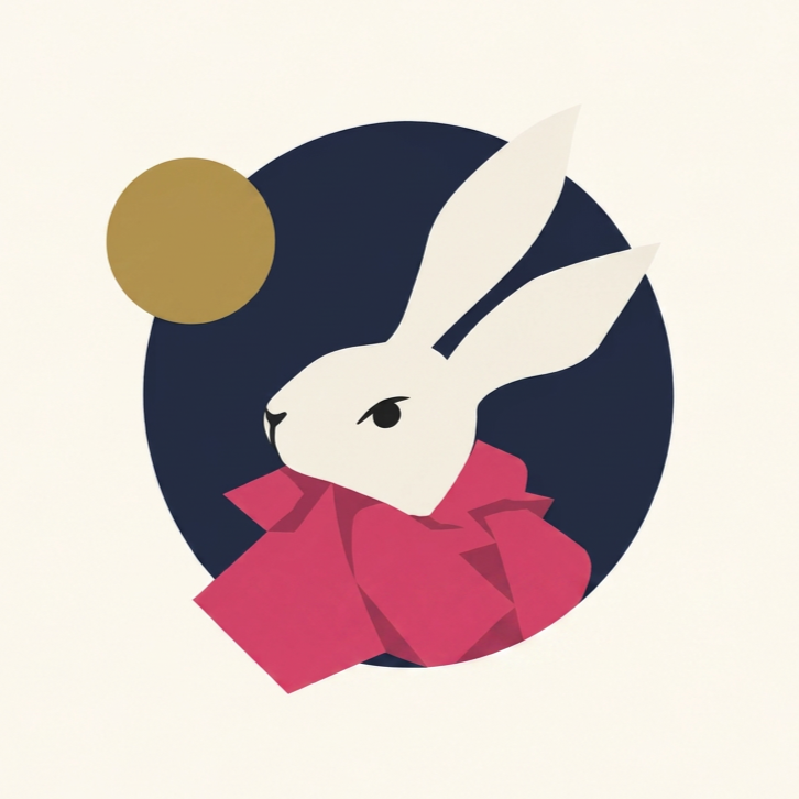 Stylized illustration of a white rabbit with long ears wearing a red bow tie and surrounded by dark blue, gold, and white shapes.