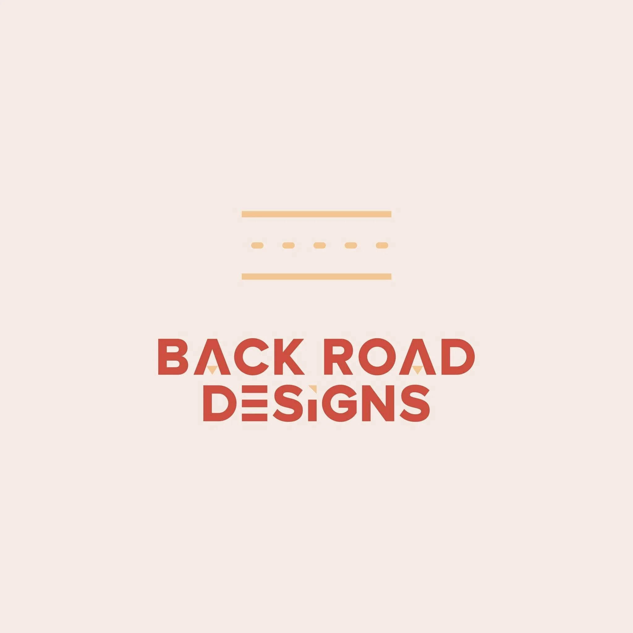 Text that reads 'Back Road Designs' in red font with orange lines above and below on a beige background.