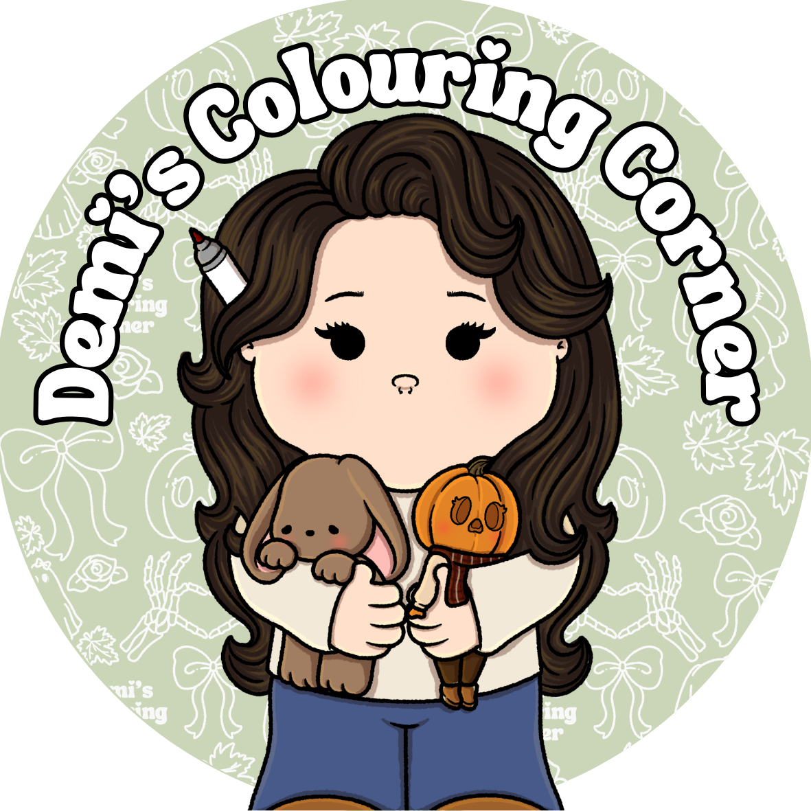 A cute cartoon girl with long brown hair holding a plush bunny and a pumpkin-shaped Halloween decoration, with the text 'Danni's Coloring Corner' above her.