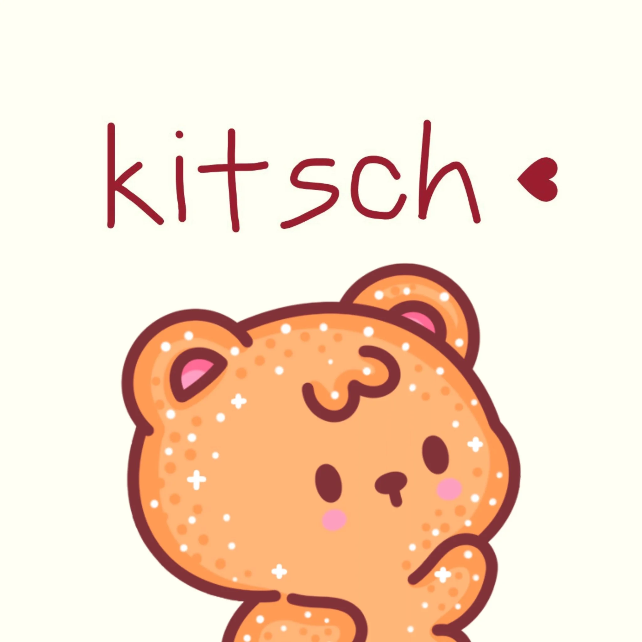 The image features a stylized drawing of a cookie with chocolate chips and pink and white sprinkles, along with red handwritten text that says 'kit'sch' and a small heart symbol.