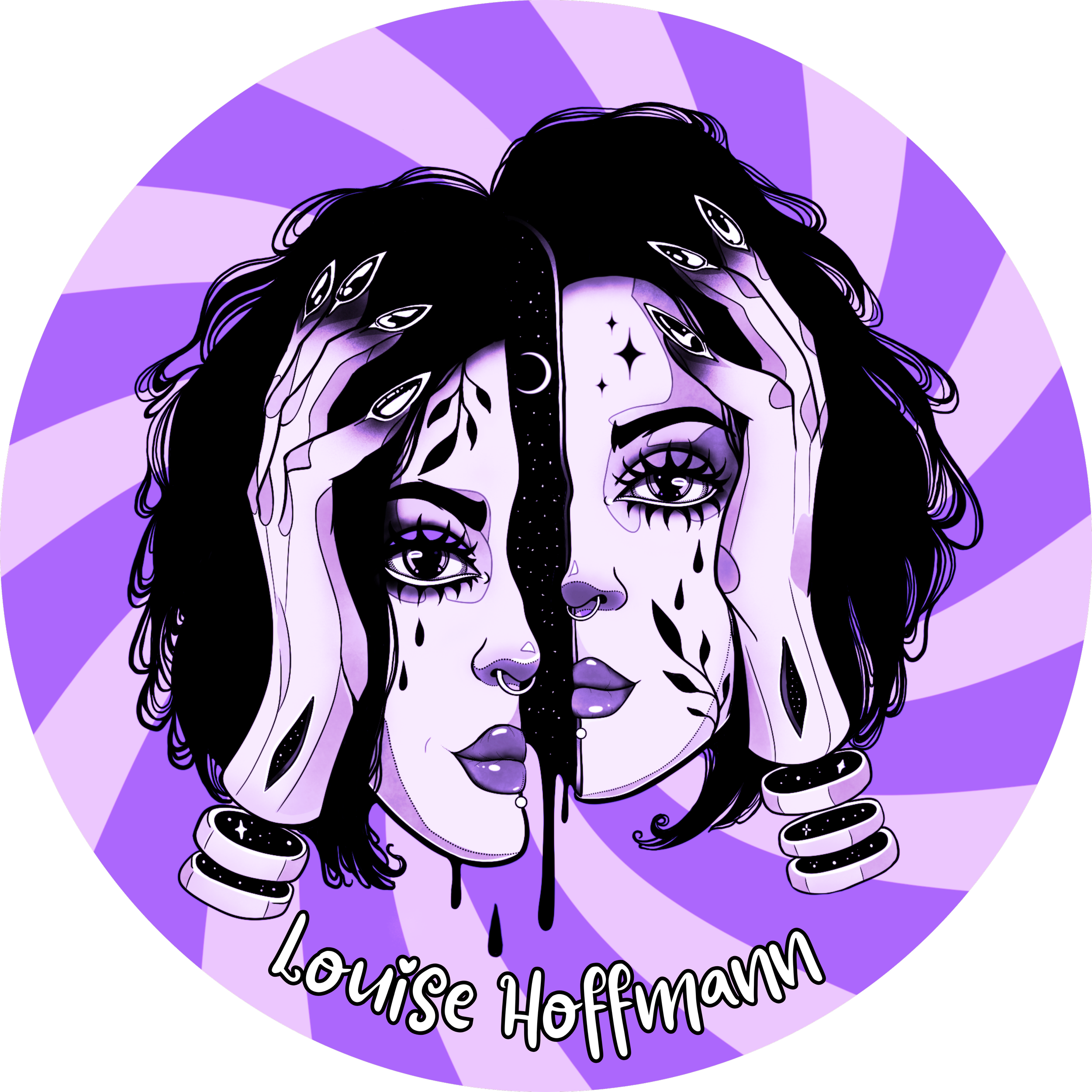 Illustration of a woman with long hair, multiple eyes, and celestial tattoos, holding her head with both hands against a purple and black background with rays. Text reads 'louise hoffman'.