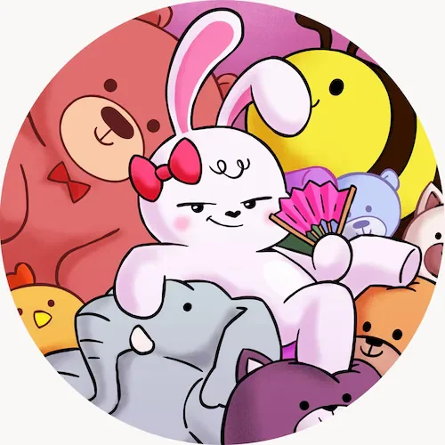 Group of cute cartoon animal characters, including a white rabbit with a pink bow, a brown bear, a yellow bee, a gray elephant, a purple cat, and other animals, all together in a playful setting.
