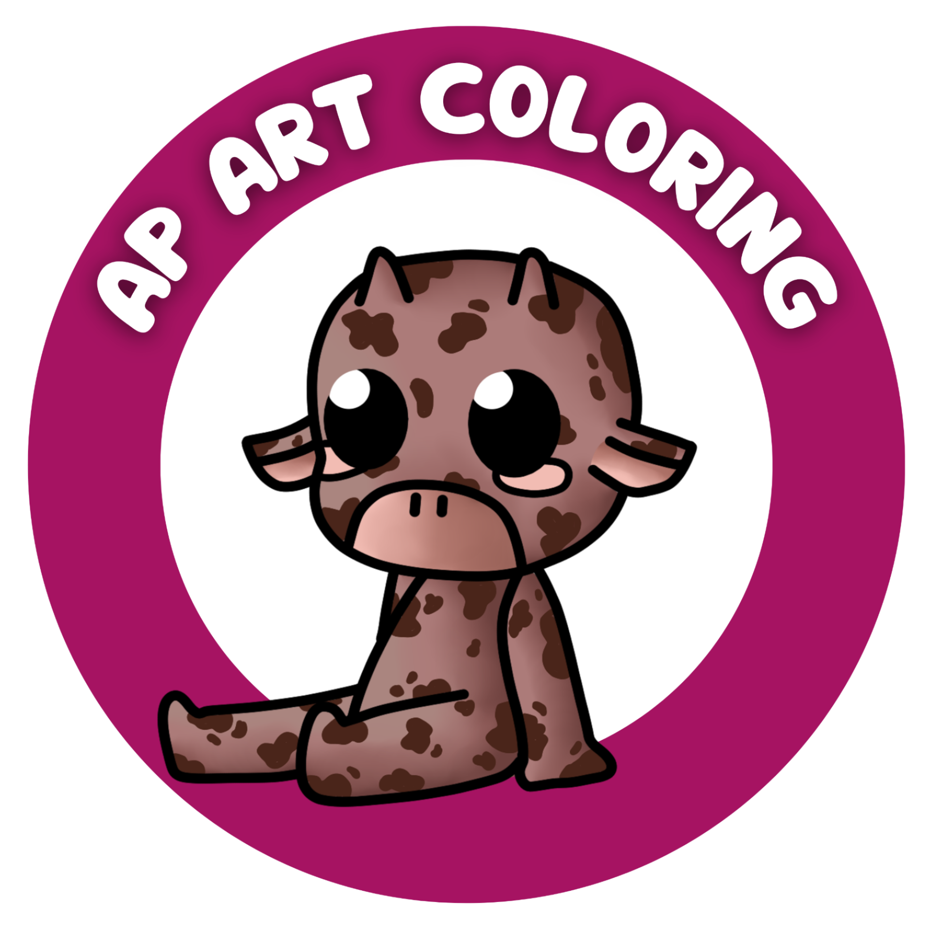 Cute cartoon giraffe with brown spots sitting in front of a purple circular background with the text 'Art Art Coloring'