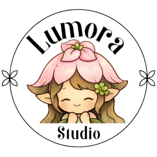 Cartoon elf girl with pink flower hat and long brown hair, smiling with closed eyes and hands resting on her cheeks.