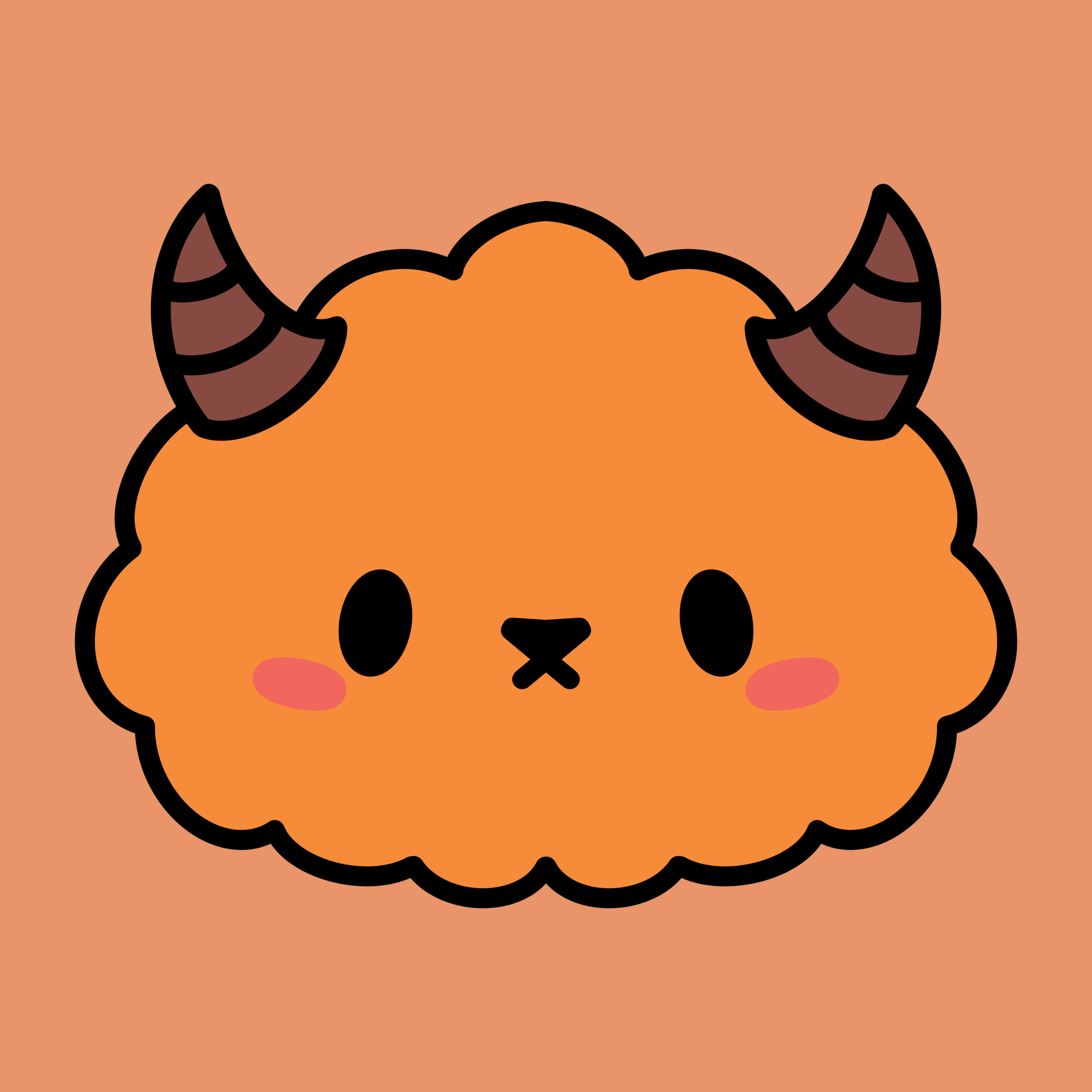 Front of a cartoon cute monster face with dark brown horns, black eyes, and a small black nose on a light orange background.