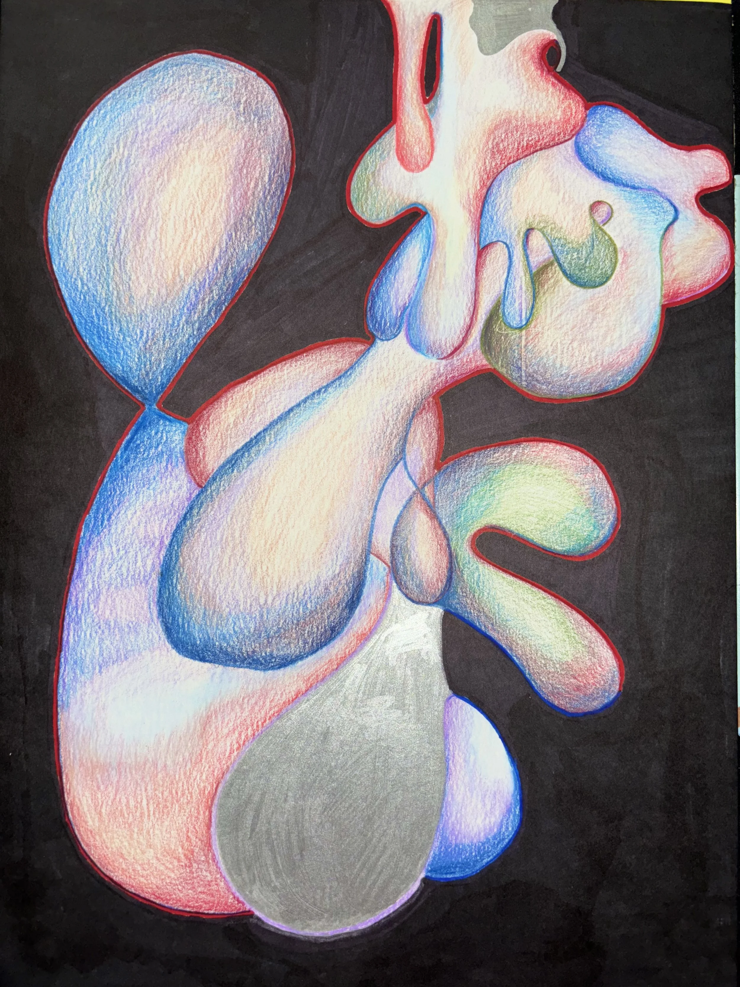 Colorful abstract art featuring various rounded shapes with a black background. The shapes are outlined in red with multiple pastel shades inside, creating a vibrant, flowing composition.