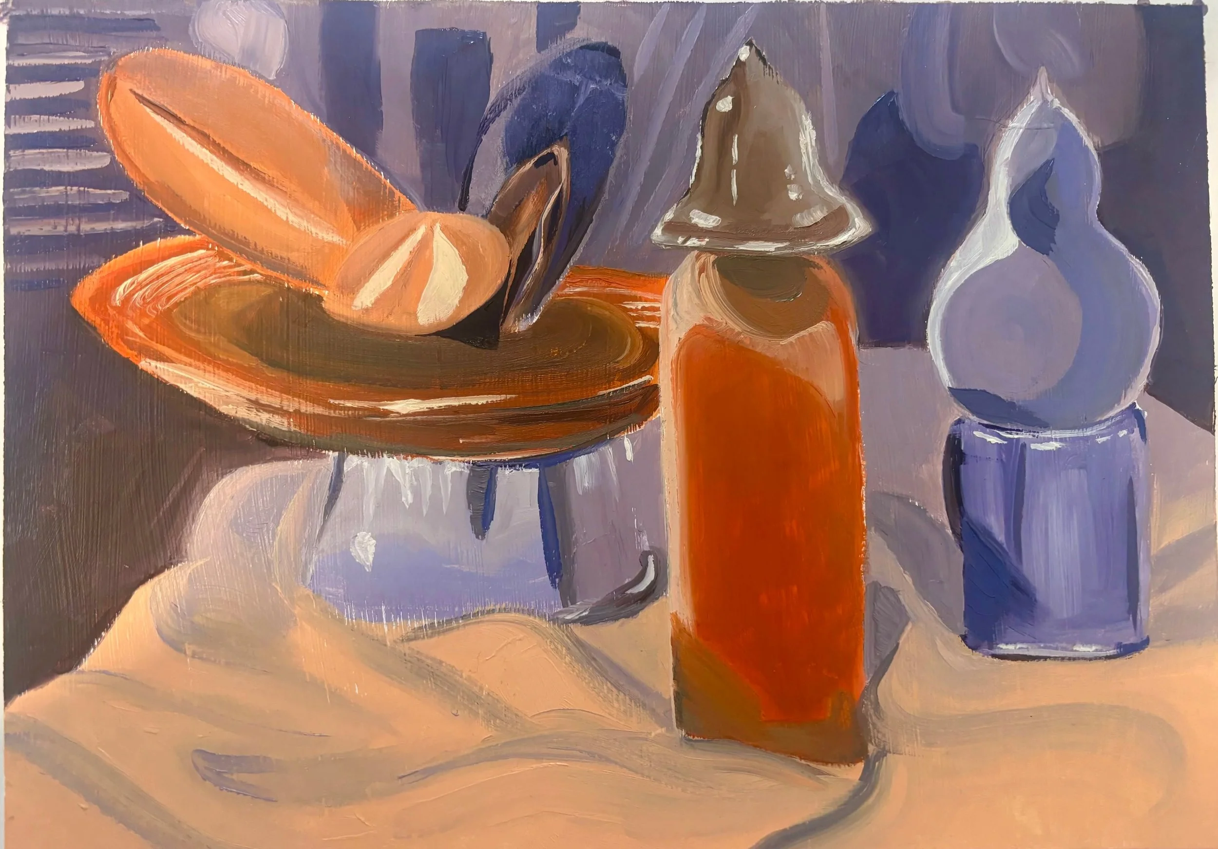 An abstract still life painting featuring a plate with a piece of bread, a glass with an orange drink, a bottle, and a blue and white ceramic vessel, all rendered in broad, expressive brushstrokes and muted tones.