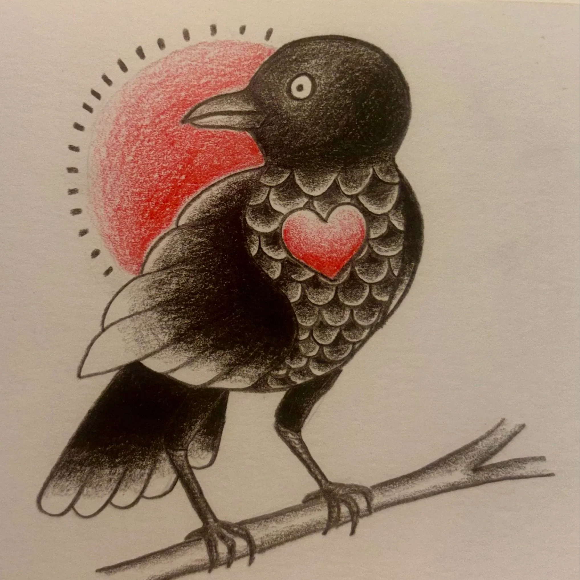 A hand-drawn illustration of a bird with a black head and body, white eye, patterned wings, and a red heart on its chest, with a red semi-circle and dashes behind it.