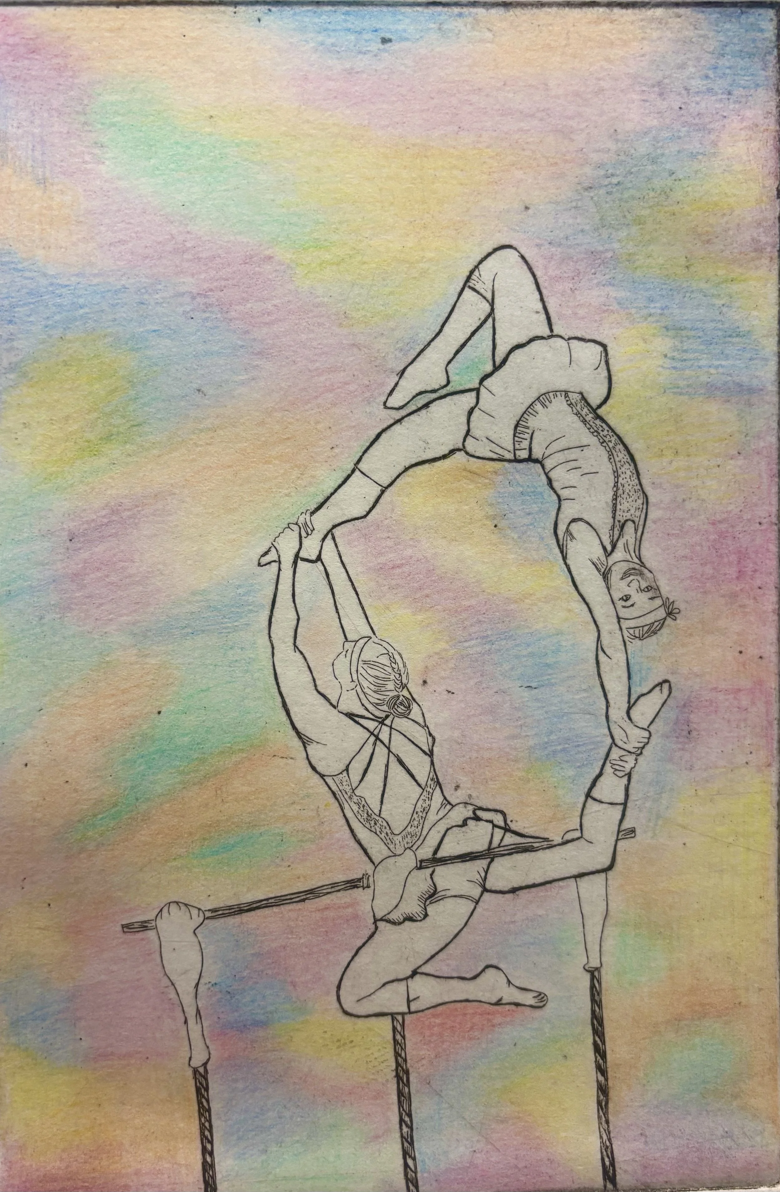 Line drawing of two women performing an acro yoga pose, with one woman balancing upside down on the other, against a watercolor background of soft pastel clouds.