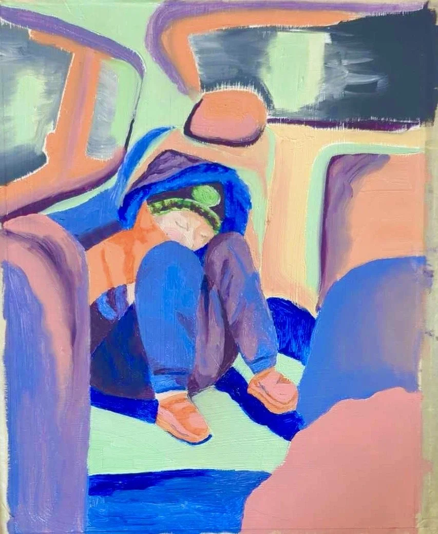Abstract painting of a person sitting cross-legged inside a vehicle, possibly a bus or train, with vibrant colors and bold brushstrokes.