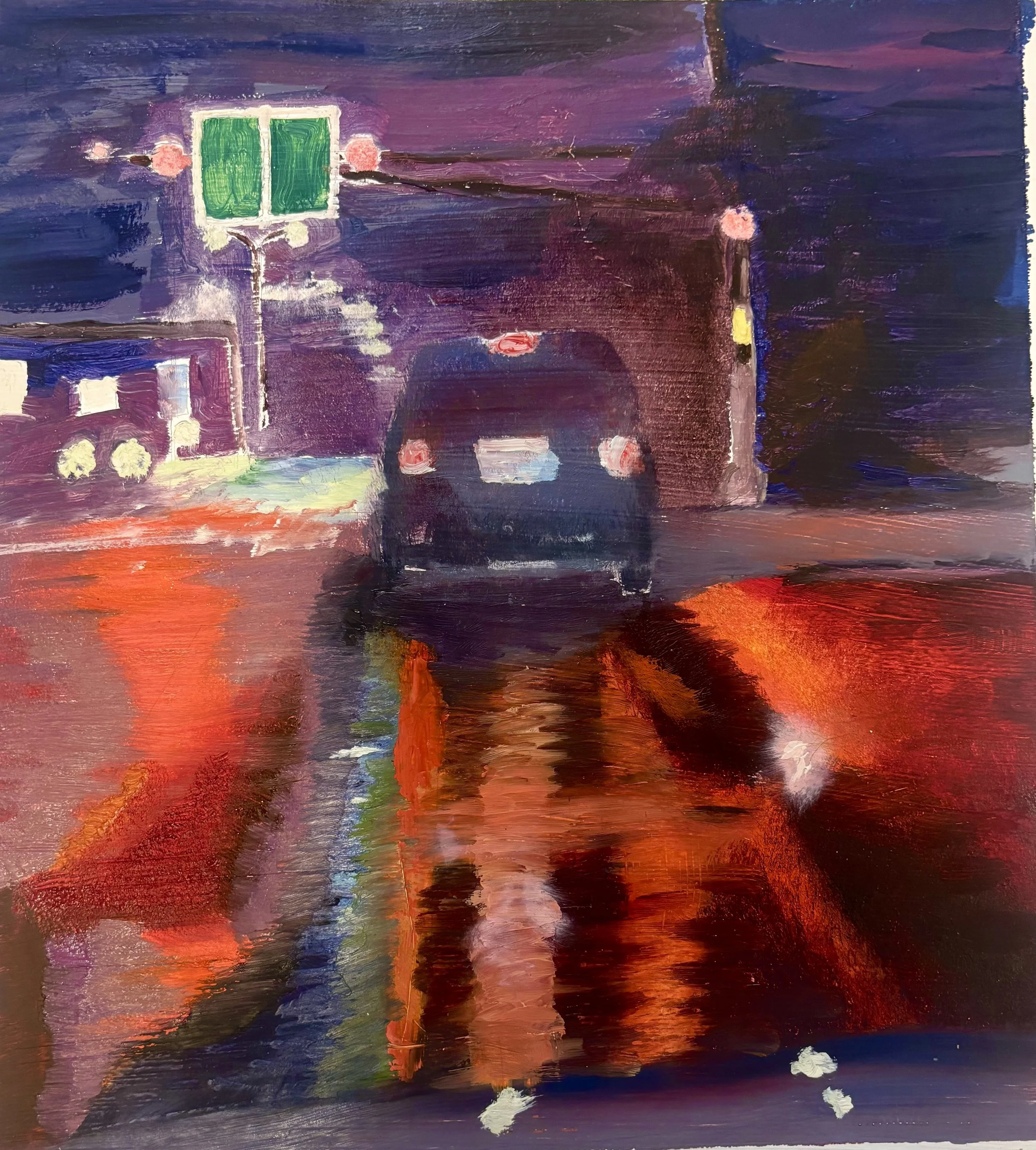 An abstract painting of a city street at night. The scene includes a car with brake lights on, streetlights, and a traffic light showing a green signal. The background is predominantly dark with shades of purple, blue, and black, with orange and red 