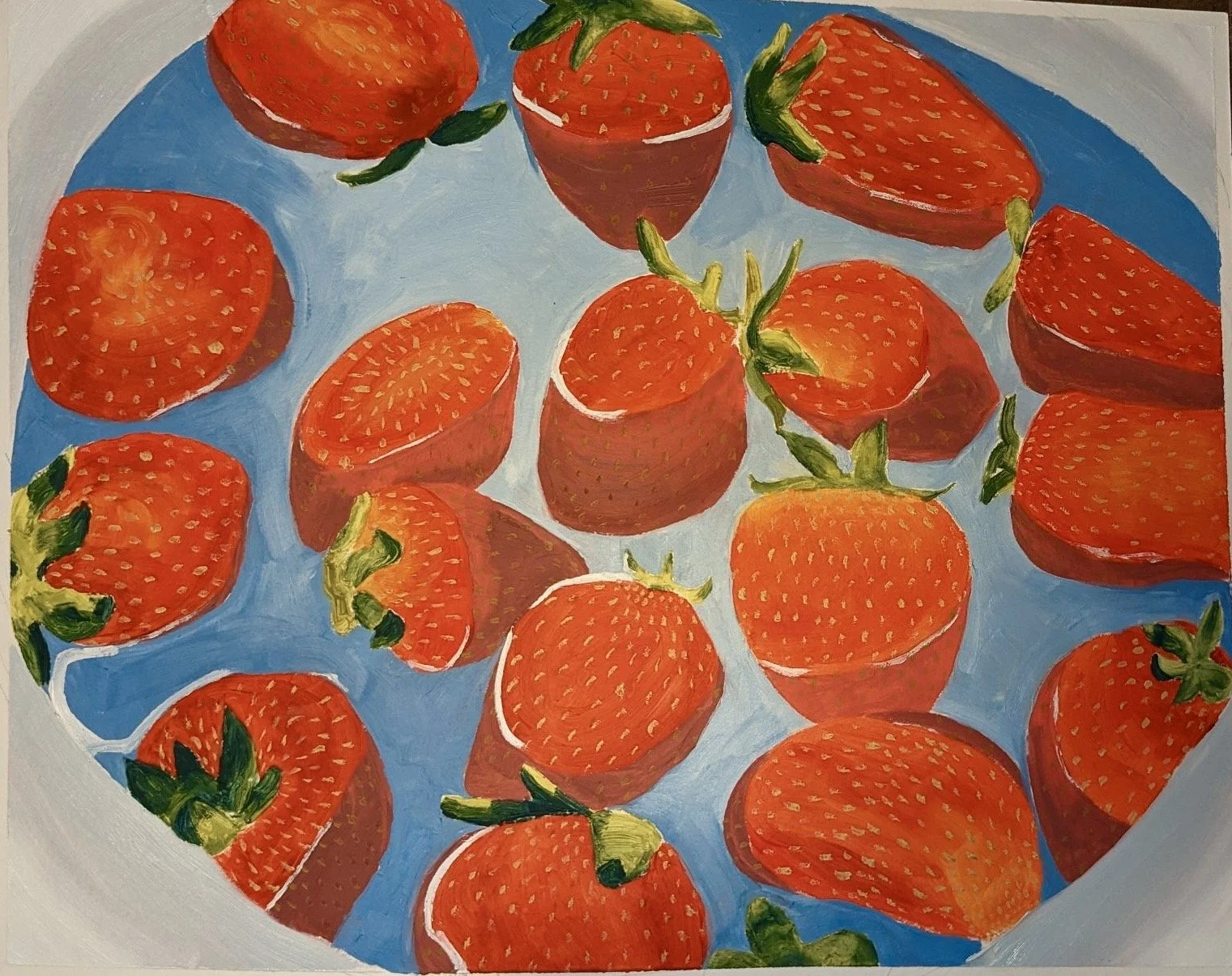A painting of multiple strawberries, some whole and some cut in half, placed on a blue surface. The strawberries have green leafy tops and are depicted with red and orange hues.